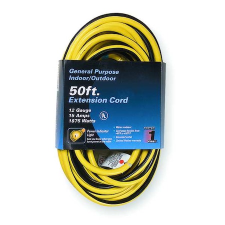 SJTW Outdoor Extension Cord, 12 AWG 1 Outlet, 5-15R, Yellow/Black, PVC, 5-15P MPN:3EB10