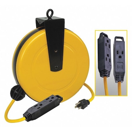 Cord Reel w/ Hand Lamp, Spring Retract, NEMA 5-15R, 14 AWG, Yellow, 30 ft L (Formerly LumaPro) MPN:436G98