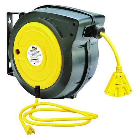 Cord Reel w/ Hand Lamp, Spring Retracted, NEMA 5-15R, 12 AWG, Yellow Reel, 40 ft (Formerly LumaPro) MPN:443P47