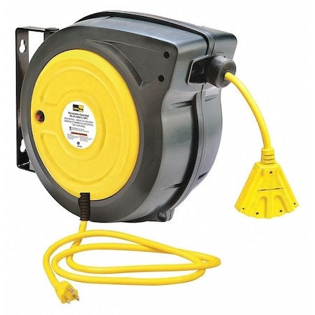 Cord Reel w/ Hand Lamp, Spring Retracted, NEMA 5-15R, 14 AWG, Yellow Reel, 50 ft (Formerly LumaPro) MPN:443P48