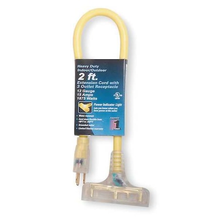 STW Outdoor Extension Cord, 12 AWG 3 Outlets, 5-15R, Yellow, PVC, 5-15P, 2 ft MPN:4DB72