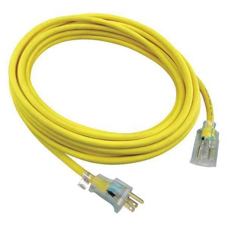 SJTW Outdoor Extension Cord, 12 AWG 1 Outlet, 5-15R, Yellow, PVC, 5-15P, 25ft MPN:52NY26