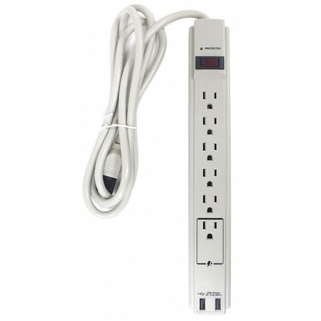 Outlet Strip, Surge, USB, 6 5-15R, 5-15P, 6 ft., White MPN:52NY54