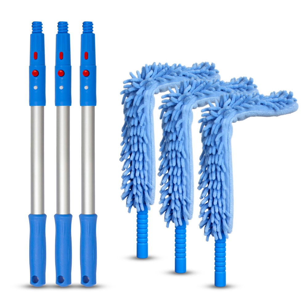 Gritt Commercial 22in Flexible Wand Dusters With Microfiber/Chenille Sleeve And 20in Pole, Blue, Pack Of 3 Dusters MPN:GRI175-20I-3PK