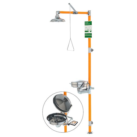Safety Station with Eyewash, Floor Mounted Mount, 304 Brushed Stainless Steel Pipe, 90 in H, Orange MPN:G1991BC