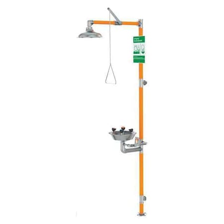 Shower with Eyewash, Floor Mount, Stainless Steel Pipe, Stainless Steel Bowl, Orange MPN:G1994