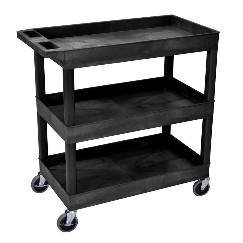 Luxor E-Series 3-Tub Plastic Utility Cart, 36 1/4inH x 35 1/4inW x 18inD, Black MPN:EC111-B