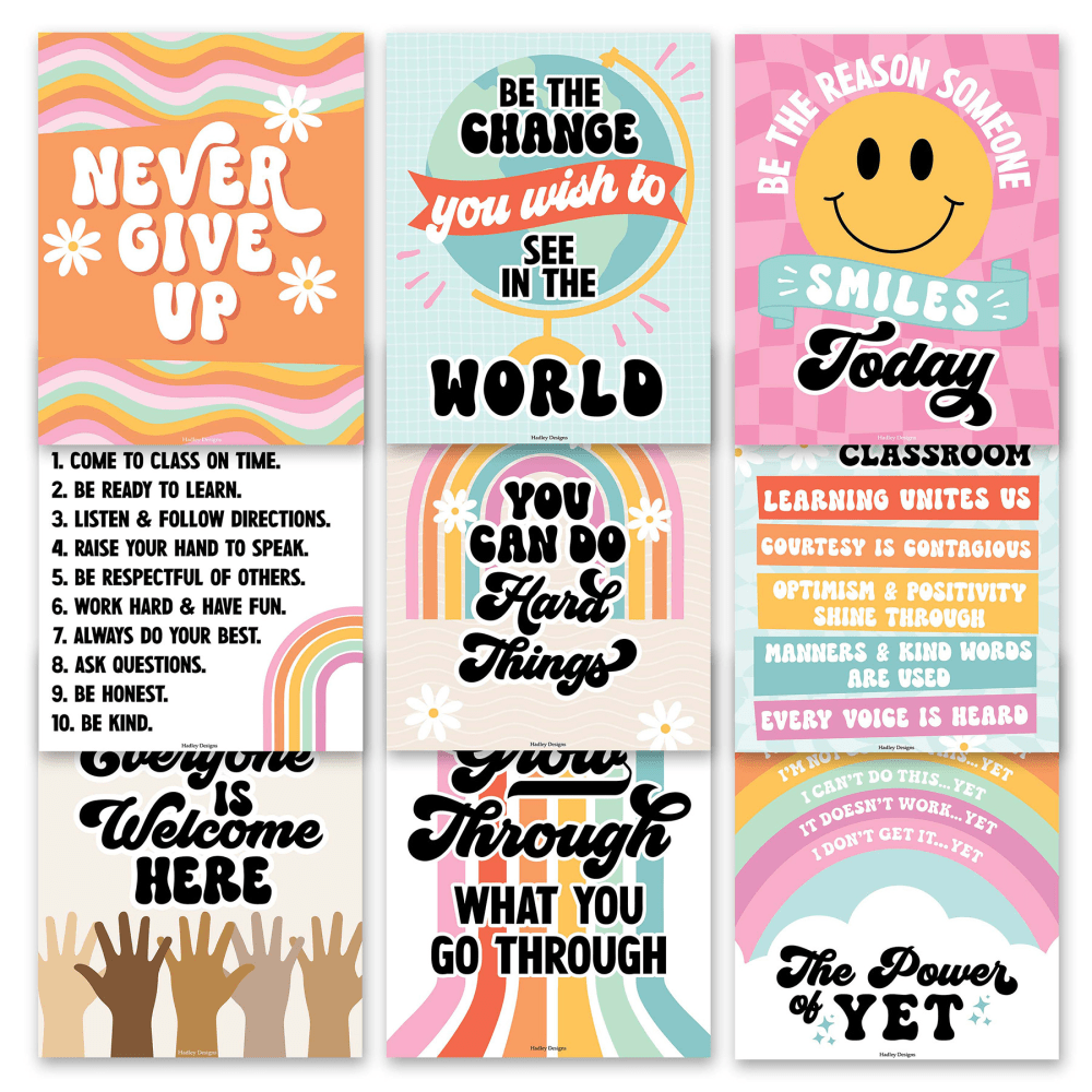 Hadley Designs Posters, Retro Growth Mindset Classroom Decor Posters, Set Of 9 MPN:HDDX004ACAK3H