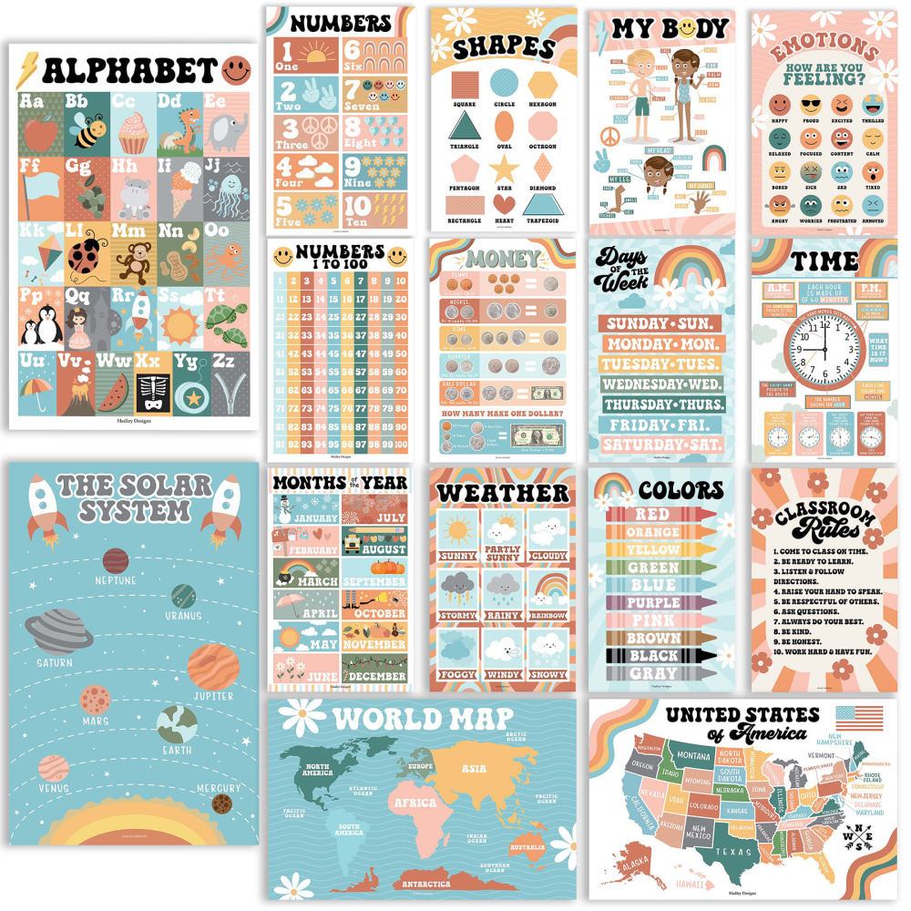 Hadley Designs Laminated Posters, Retro Boho Preschool Educational For Toddlers, Set Of 16 MPN:HDDX004ACFGE5