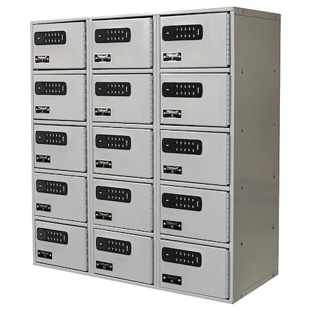 Cell Phone Locker, 27 in W, 12 in D, 30 1/2 in H, (3) Wide, (5) Tier, Light Gray MPN:UCTL392(30)-5A-E-PL