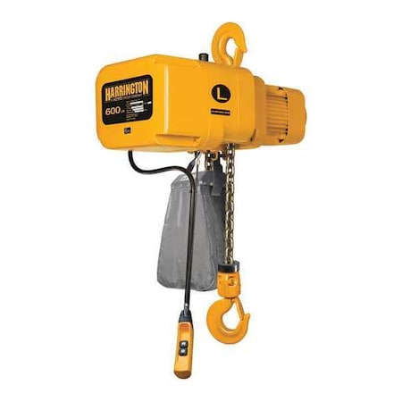 Electric Chain Hoist, 600 lb, 10 ft, Hook Mounted - No Trolley, 460V AC, Yellow MPN:NER000600L-10/460v