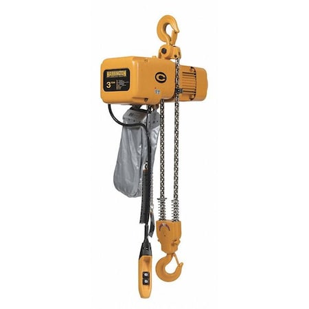 Electric Chain Hoist, 6, 000 lb, 20 ft, Hook Mounted - No Trolley, 208-230/460V AC, Yellow MPN:NER030C-20
