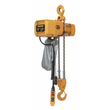 Electric Chain Hoist, 6, 000 lb, 15 ft, Hook Mounted - No Trolley, 460V AC, Yellow MPN:NER030CD-15