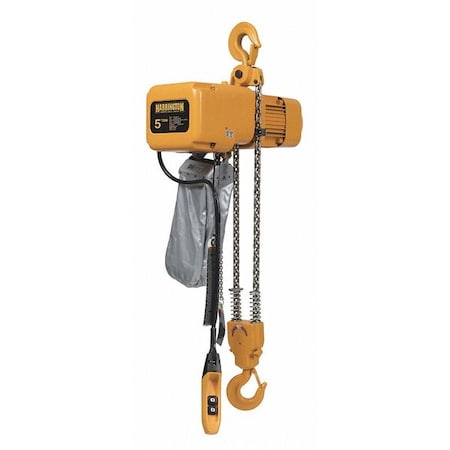 Electric Chain Hoist, 10, 000 lb, 15 ft, Hook Mounted - No Trolley, 208-230/460V AC, Yellow MPN:NER050L-15