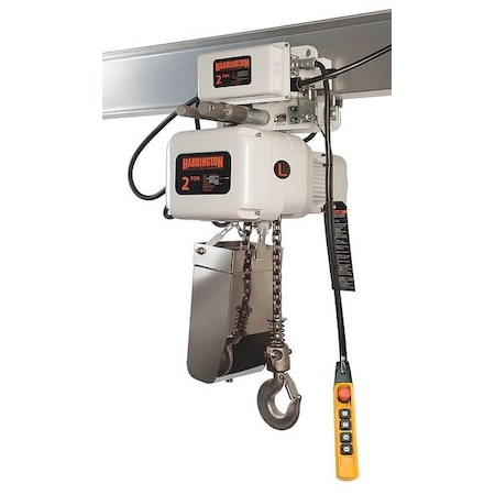 Electric Chain Hoist, 1, 000 lb, 10 ft, Motorized Trolley, 208-230/460V AC, White MPN:NERM005LD-L-FG-10
