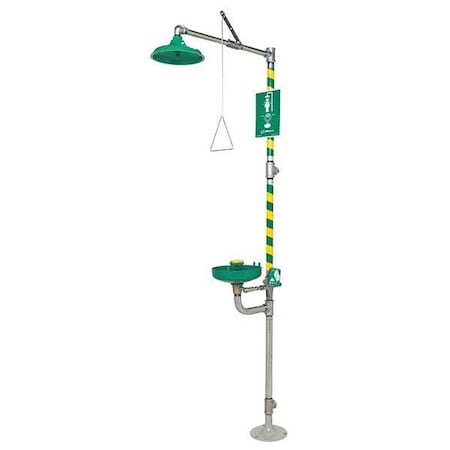 Shower with Eyewash, Floor Mount, Galvanized Steel Pipe, 93 1/4 in H, Plastic Bowl, Green/Yellow MPN:8320-8325