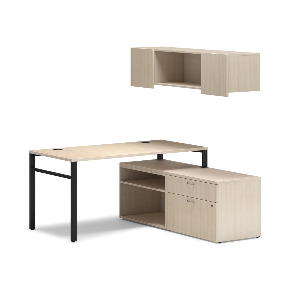 HON Mod Workstation With Wall Mount Storage And 2 Storage Credenzas, Desert Oak/Black MPN:HLPL6060LDSKDO1ULEGB