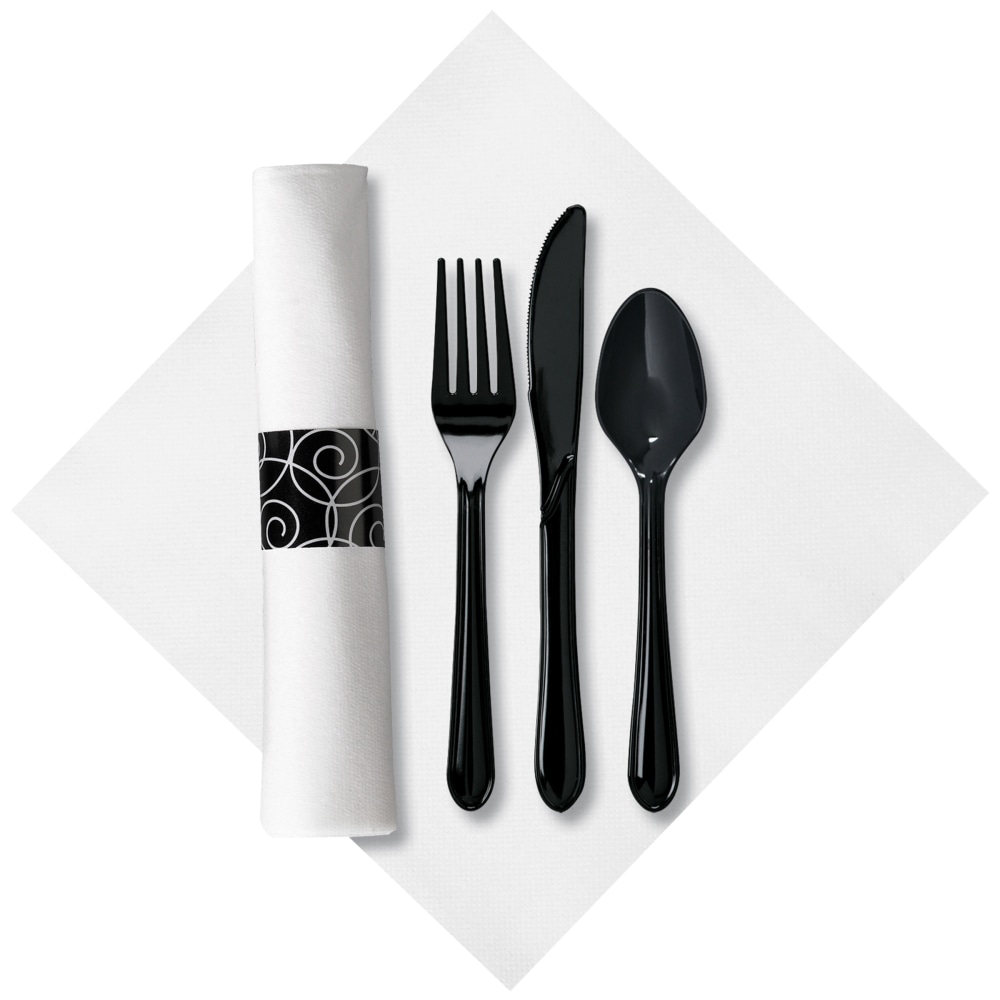 CaterWrap Pre-Rolled Cutlery, Silver Swirl Linen-Like Napkin, Black/White, Case Of 100 Rolls MPN:119971