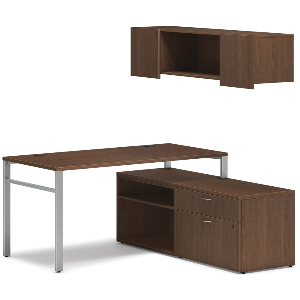 HON Mod 60inW Computer Desk Workstation With Wall Mount Storage, Sepia Walnut/Silver MPN:HONHPL6060SULEG