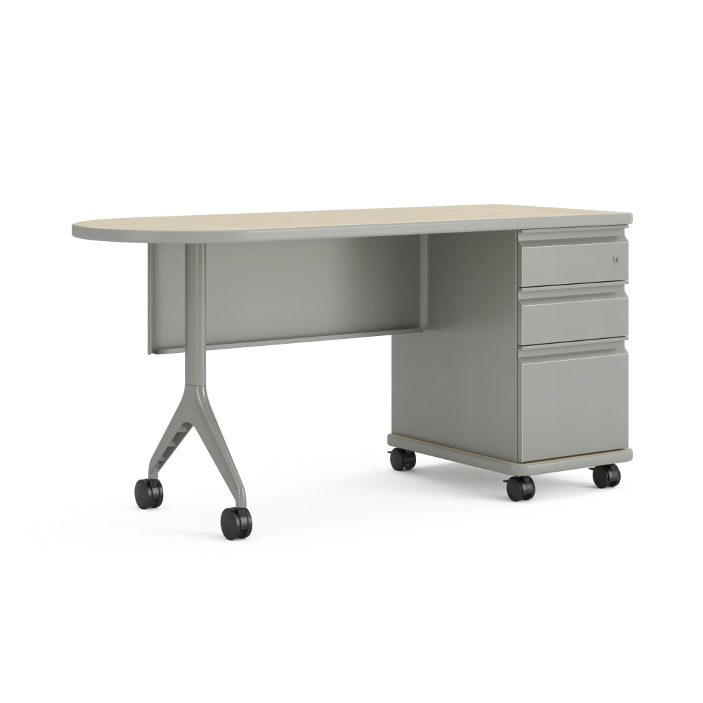 HON SmartLink Single Pedestal Mobile Workstation Teacher Desk With Modesty Panel, 30inH x 60inW x 24inD, Phantom Ecru/Platinum Metallic MPN:HONTV60M1PEKT1