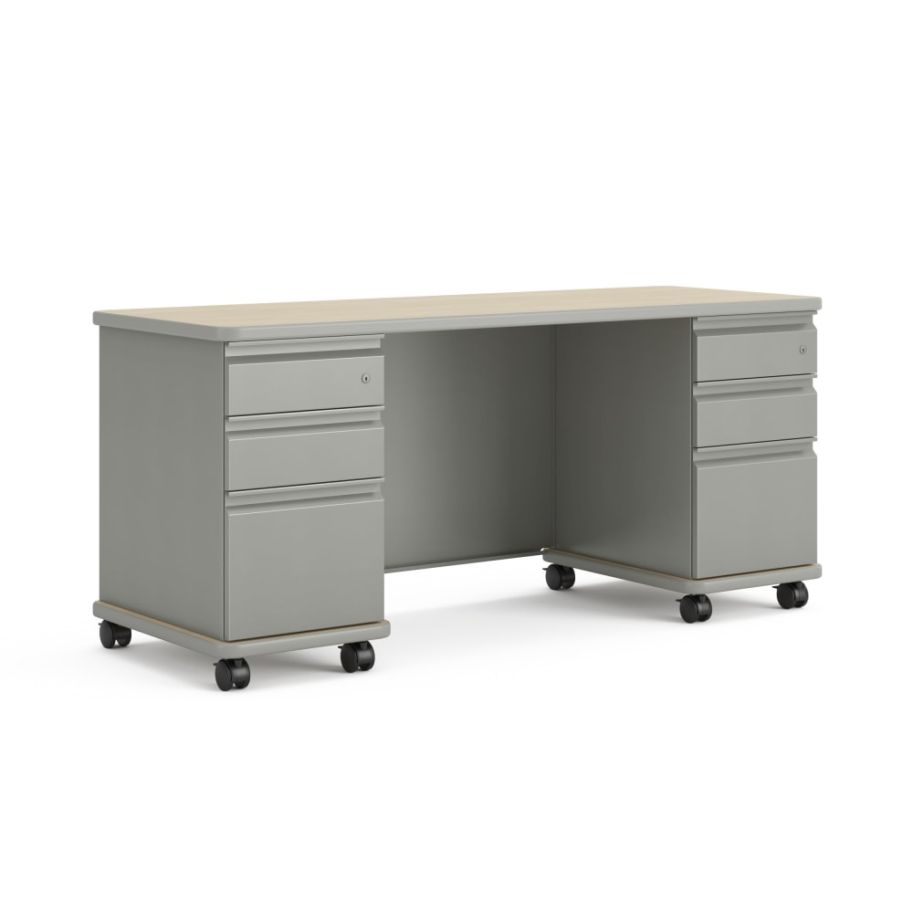 HON SmartLink Double Pedestal Teacher Mobile Workstation With Modesty Panel, 30inH x 66inW x 24inD, Phantom Ecru/Platinum Metallic MPN:HONTV66M2PEKT1