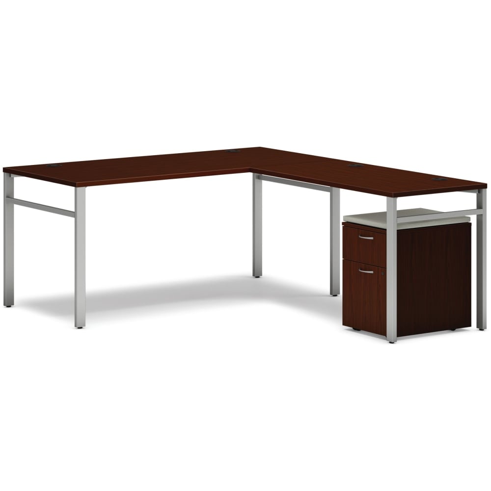 HON Mod 66inW L-Station Table Writing Desk With Mobile Pedestal, Traditional Mahogany/Silver/Cool Neutral MPN:HONMOD088