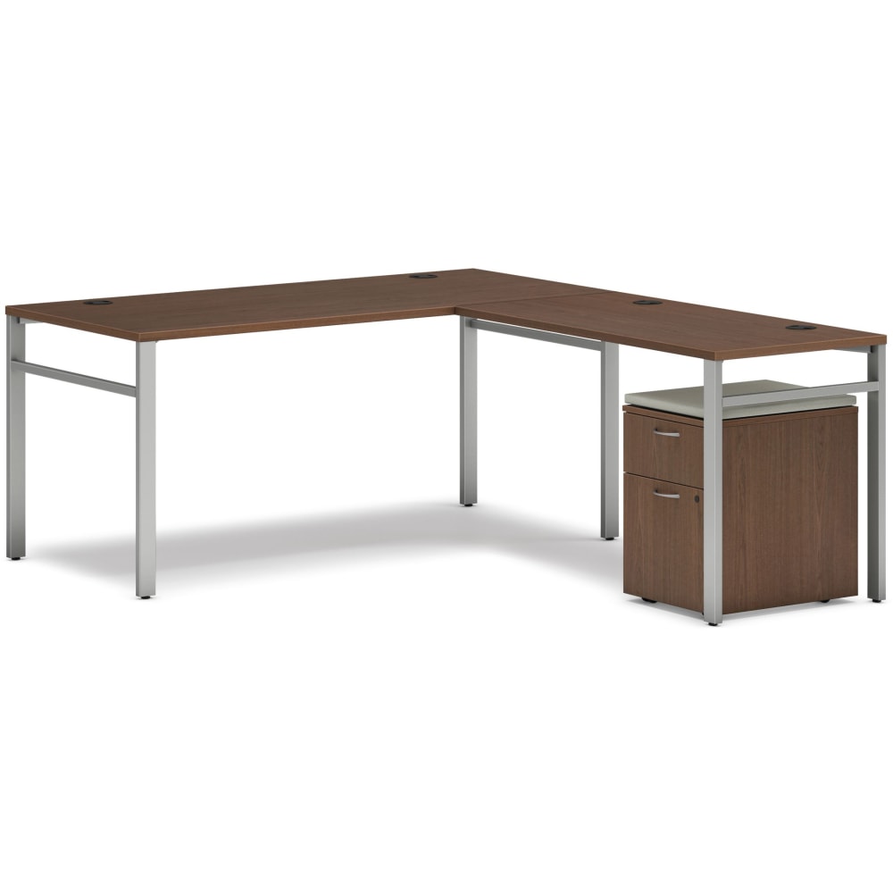 HON Mod 66inW L-Station Table Writing Desk With Mobile Pedestal, Sepia Walnut/Cool Neutral/Silver MPN:HONMOD089