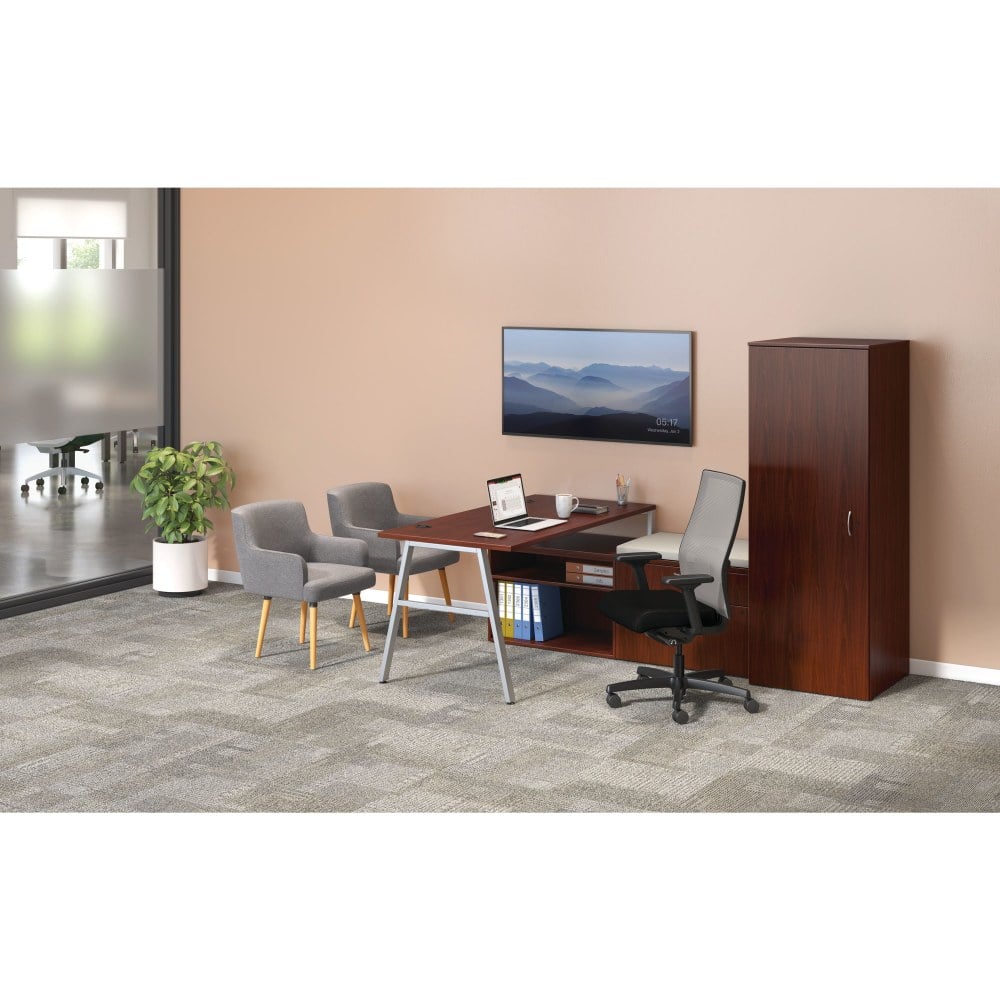 HON Mod 84inW L-Station A-Leg Table Writing Desk, Traditional Mahogany/Silver/Cool Neutral MPN:HONMOD104