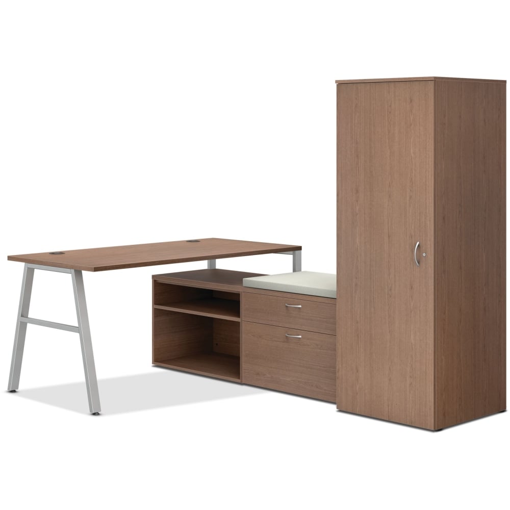 HON Mod 84inW L-Station A-Leg Table Writing Desk, Sepia Walnut/Silver/Cool Neutral MPN:HONMOD105