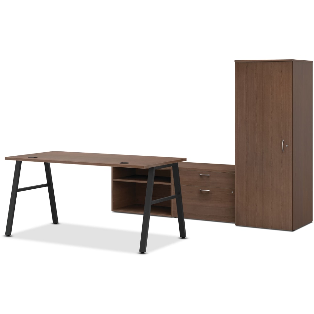 HON Mod A-Leg 84inW Table Writing Desk With Credenzas And Storage Tower, Sepia Walnut/Black MPN:HONMOD116