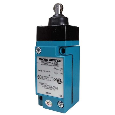 Heavy Duty Limit Switch, Plunger, Roller, 1NC/1NO, 10A at 600V AC, Actuator Location: Top MPN:LSD1A