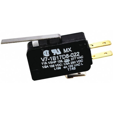 Snap Action Switch - V7 Series, SPDT, Roller Lever, 11A, Quick Connect MPN:V7-1B17D8-022