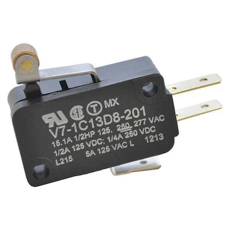 Snap Action Switch - Miniature, SPDT, Roller Lever, 15A, Quick Connect MPN:V7-1C13D8-201