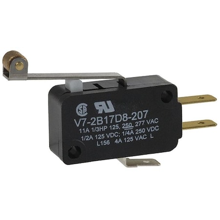 Snap Action Switch - V7 Series, SPDT, Long Roller Lever, 11A, Miniature MPN:V7-2B17D8-207