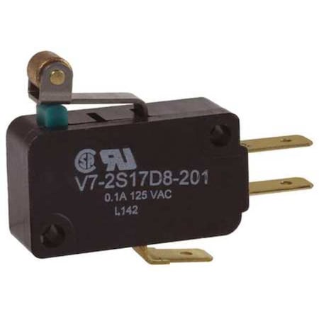 Miniature Snap Action Switch, Lever, Roller, Short Actuator, SPDT, 0.1 A at 125 V AC Contact Rating MPN:V7-2S17D8-201