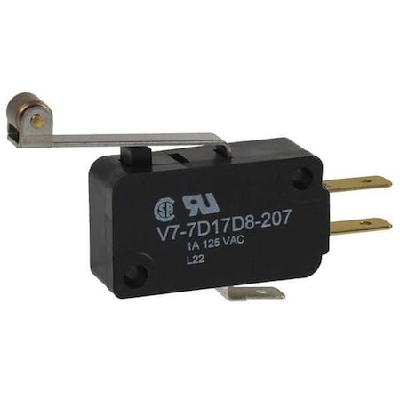 Miniature Snap Action Switch, Lever, Long, Roller Actuator, SPDT, 1 A at 125 V AC Contact Rating MPN:V7-7D17D8-207