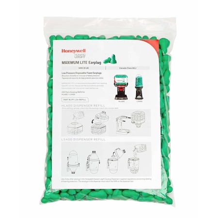 MAXIMUM LITE Disposable Foam, Ear Plug Dispenser Refill, Uncorded, 30 dB, Green MPN:LPF-LS4-REFILL