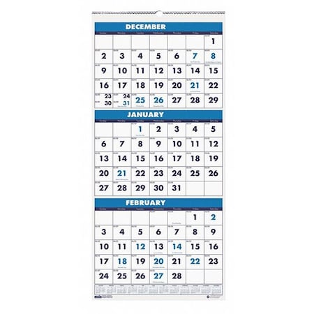 Recycled Three-Month Format Wall Calendar, Vertical, 8 x 17, 14-Month: Dec 2024 to Jan 2026 MPN:HOD3646