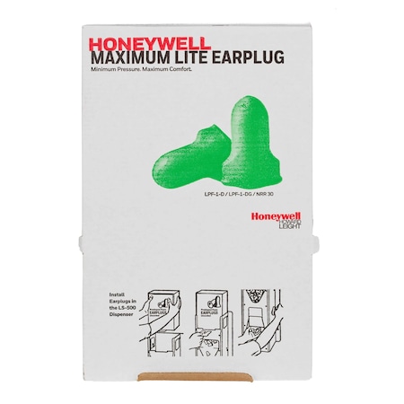 MAXIMUM LITE Ear Plugs Dispenser Refill, Uncorded, Contoured-T Shape, NRR 30 dB, Green, M, 500PK MPN:LPF-1-D