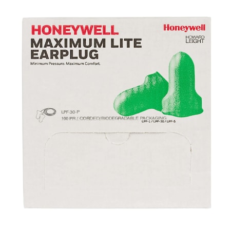 MAXIMUM LITE Disposable Foam Ear Plugs, Contoured-T Shape, 30 dB, Green, 100 PK MPN:LPF-30-P