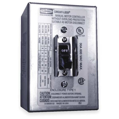 Manual Motor Switch, 30 A, 2 P, 1 Phase, Toggle, Circuit-Lock Series, NEMA 1 MPN:HBL1392