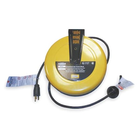 Cord Reel, Flying Lead, 16 AWG, Yellow Reel Color, 25 ft Length, 0 Outlets MPN:HBLC25163
