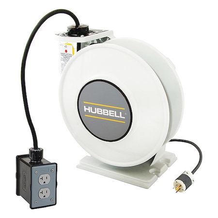 Cord Reel With Hand Lamp, Spring Retracted, NEMA 5-20R, 12 AWG, White Reel Color, 45 ft Length MPN:HBLI45123R20M1