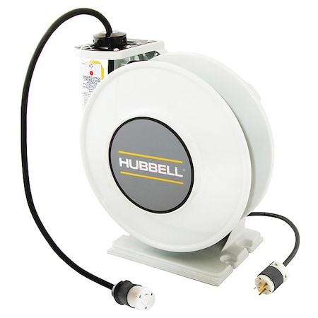 Cord Reel With Hand Lamp, Spring Retracted, NEMA L5-20R, 12 AWG, White Reel Color, 45 ft Length MPN:HBLI45123TL20