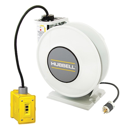 Cord Reel With Hand Lamp, Spring Retracted, NEMA 5-15R, 14 AWG, White Reel Color, 45 ft Length MPN:HBLI45143GF15