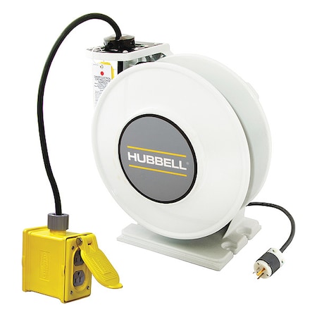 Cord Reel With Hand Lamp, Spring Retracted, NEMA 5-15R, 14 AWG, White Reel Color, 45 ft Length MPN:HBLI45143R15