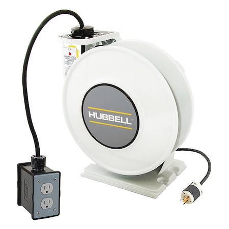 Cord Reel With Hand Lamp, Spring Retracted, NEMA 5-15R, 14 AWG, White Reel Color, 45 ft Length MPN:HBLI45143R215M1