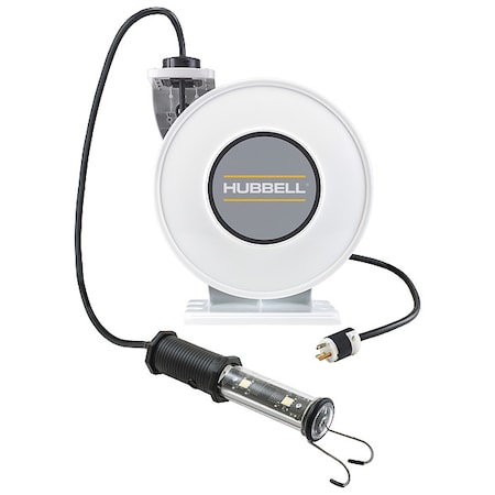 Cord Reel With Hand Lamp, Spring Retracted, No Receptacle, 16 AWG, White Reel Color, 45 ft Length MPN:HBLI45163LED