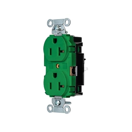 Straight Blade Receptacle, 5-20R, 20 A, 125V AC, 2 Pole, 3 Wire, Surface Mount, Single, Green MPN:BR20STGN