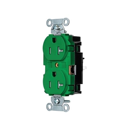 Straight Blade Receptacle, 5-20R, 20 A, 125V AC, 2 Pole, 3 Wire, Surface Mount, Single, Green MPN:BR20STGNTR